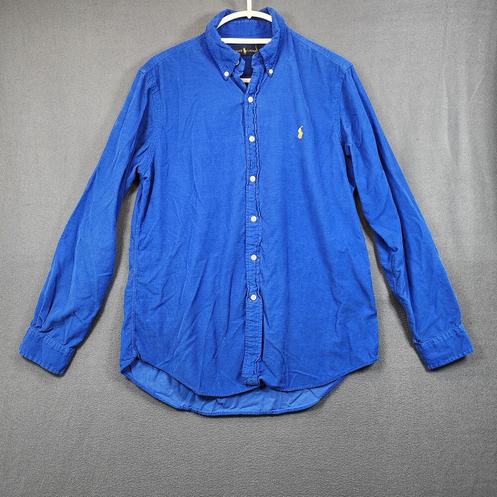 Ralph Lauren Men Shirt Medium Blue Fine Wale Corduroy Long Sleeve Button Up Pony